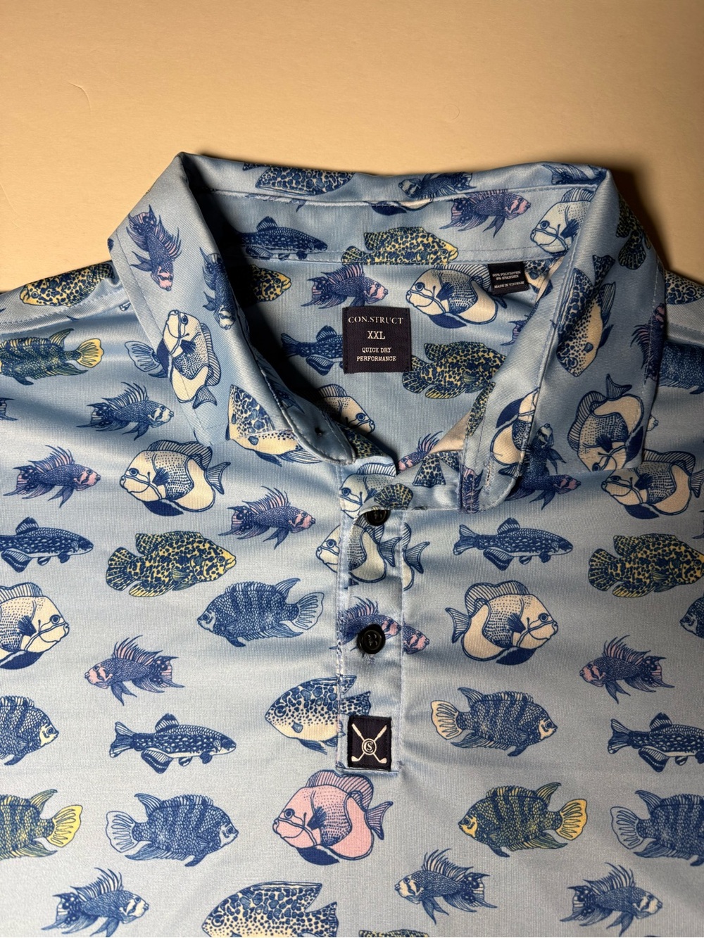 CON.STRUCT Men’s XXL Fish Print Performance Golf Polo Blue Quick Dry Stretch